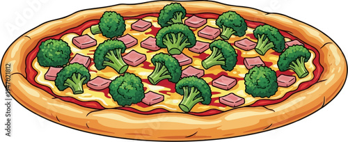 A cartoon-style pizza is topped with broccoli florets and small pink squares