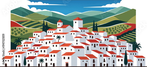 A picturesque village with white houses and red roofs cascades down a hillside