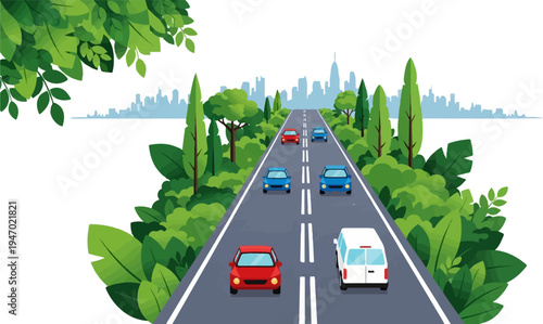 A picturesque highway journey through lush greenery, leading towards a distant, hazy cityscape