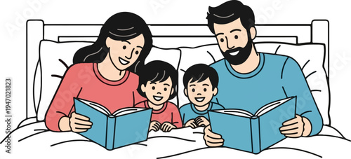A happy family of four, parents and two children, lie in bed reading books together