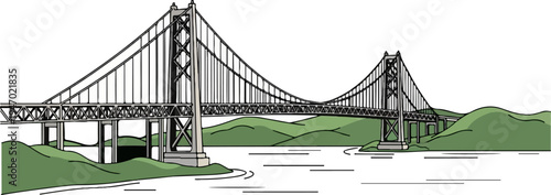 A suspension bridge spans a body of water, with green hills in the background