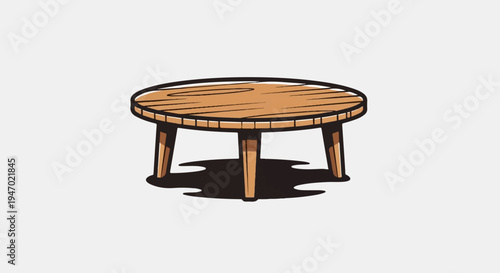 A simple, cartoon-style, wooden round table with four legs and a shadow