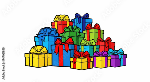 A pile of colorful gift boxes with ribbons and bows