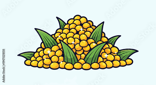 A pile of bright yellow corn kernels nestled amongst green leaves, with subtle sparkles