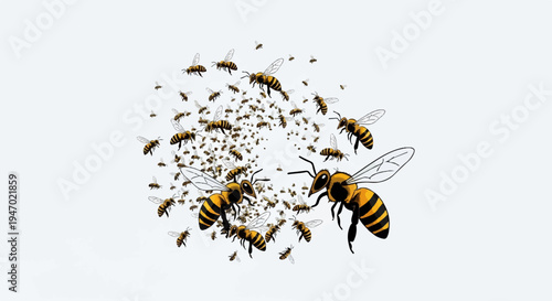 A swarm of bees, detailed with black and yellow stripes, congregates in a dynamic cluster against a white background