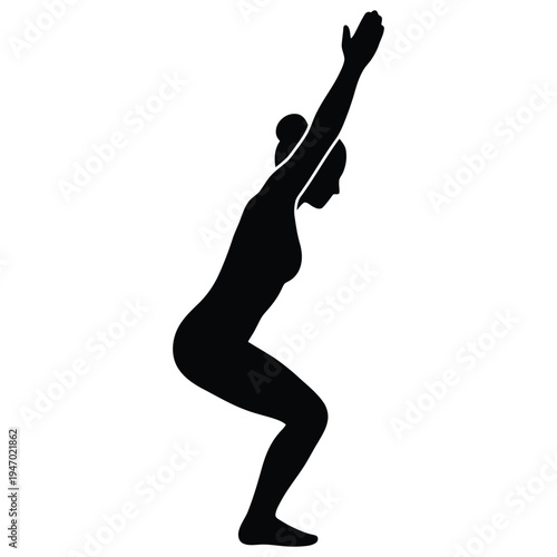 Black silhouette of a woman in a yoga squat position with one arm raised