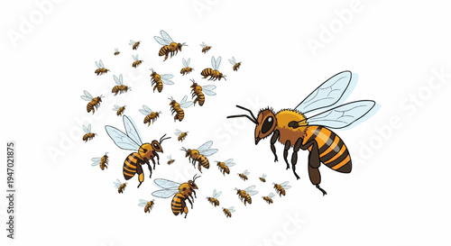 A swarm of stylized bees in various sizes, one large bee facing a cluster of smaller bees