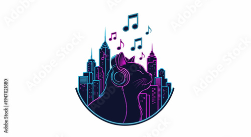 A cat wearing headphones enjoys music amidst a neon-lit city skyline with musical notes