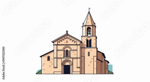 A simple, flat illustration of a stone church with a bell tower and a cross on top, on a white background