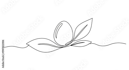 Minimalist continuous line drawing of an egg with leaves, symbolizing growth and new beginnings