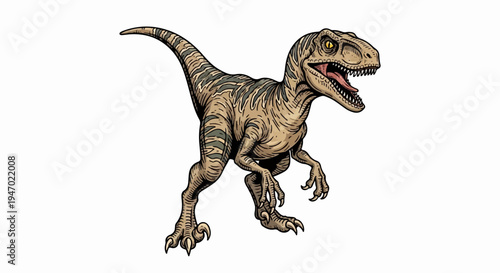 A detailed illustration of a flesh-colored dinosaur with dark stripes, mouth open showing sharp teeth and pink tongue