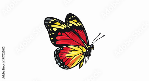 A detailed illustration of a monarch butterfly with vibrant red, yellow, and black wings