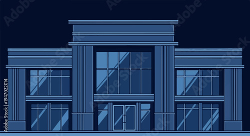 A symmetrical, modern building facade with large, segmented windows in shades of blue