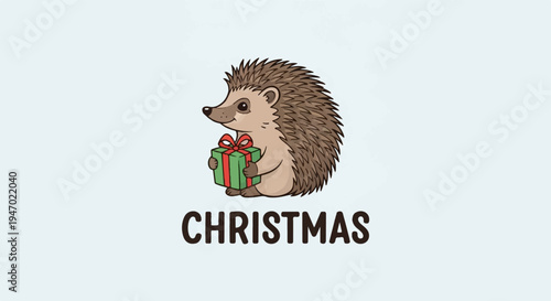 A charming hedgehog with spiky fur holds a bright green gift box tied with a red ribbon