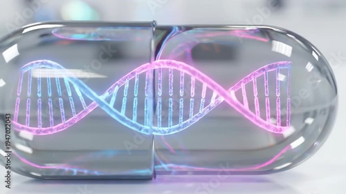 Glowing dna helix forming inside transparent capsule. Pink and blue genetic structure in animated pill. Biotechnology and medical science visualization concept.