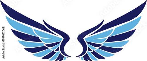 A symmetrical pair of stylized wings, composed of layered, angular feathers in dark blue and light blue