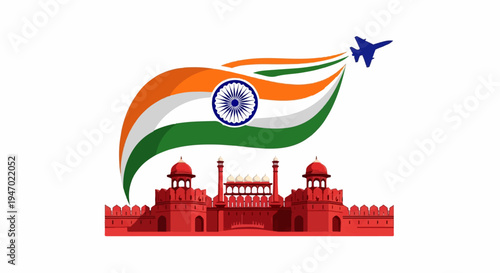 A jet flies past the Indian flag, with a fort in the background