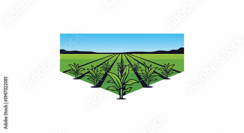 A stylized depiction of a lush green crop field under a clear blue sky, with plants in rows