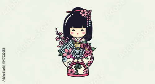 A charming Kokeshi doll illustration with a beautiful floral bouquet, adorned in a traditional garment