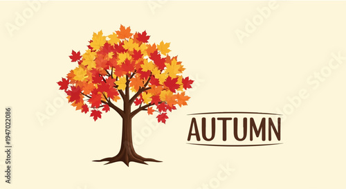 A stylized deciduous tree with vibrant red, orange, and yellow leaves stands beside the word "AUTUMN.