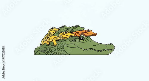 A large green alligator carries smaller alligators of various colors piled on its back