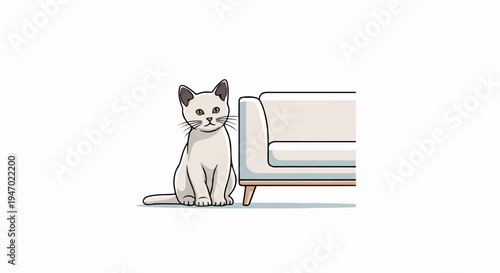 A light-colored cat with dark ears and eyes sits beside a minimalist sofa
