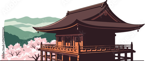 A traditional wooden structure with tiered roofs stands amidst blooming cherry trees and verdant rolling hills