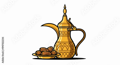 A traditional golden coffee pot with a patterned body, next to a small dish of dates