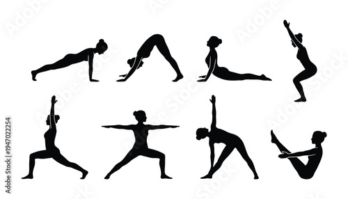 Collection of women in various yoga poses on white background
