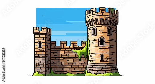 A pixelated castle with crenellated walls, two towers, and green moss under a bright blue sky