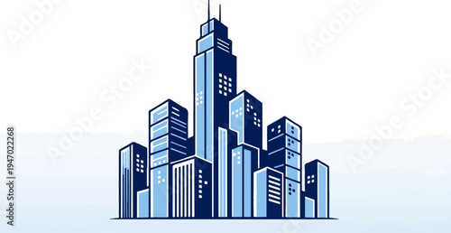 A stylized drawing of a city skyline with varying heights and blue tones