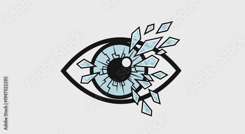A stylized eye with a cracked iris and shards of ice breaking away from it