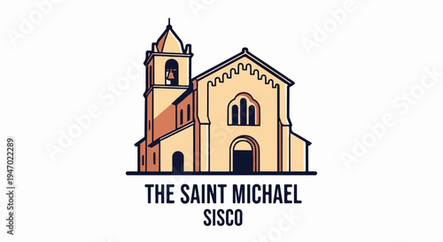 A stylized drawing of a church with a bell tower, featuring a simple color palette and bold outlines