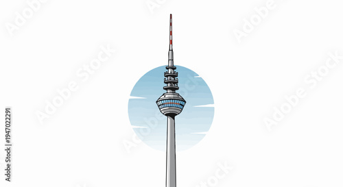 A stylized drawing of a tall communications tower with a spherical observation deck and a red-striped antenna against a sky