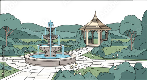 A tranquil garden scene featuring a multi-tiered fountain, a charming gazebo, and lush greenery