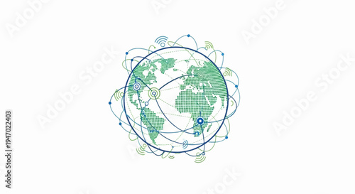 A stylized globe with dotted landmasses and interconnected nodes, suggesting global connectivity