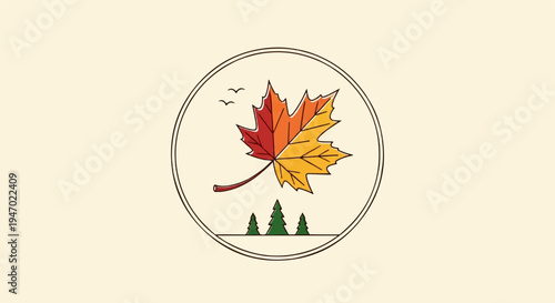 A simple stylized illustration of a multi-colored maple leaf in a circle with birds and trees