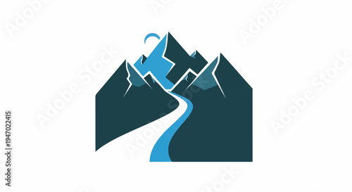 A stylized graphic shows a winding river flowing through a mountainous landscape under a crescent moon