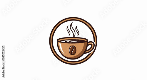 A simple, stylized illustration of a steaming coffee cup within a circular border
