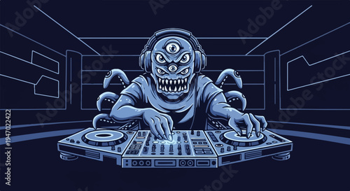 A pixelated, multi-eyed, tentacled creature in headphones DJs with a mixer and turntables in a dark room