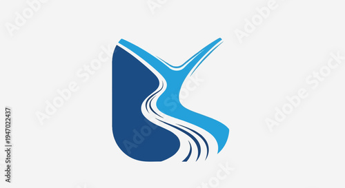 Abstract blue and light blue waves forming a stylized letter 'K' shape against a white backdrop