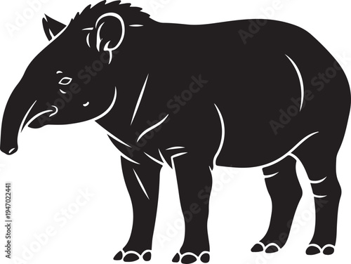 Black silhouette of a tapir standing sideways showcasing its distinctive snout and body shape.
