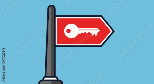 A directional signpost displays a white key symbol on a red background
