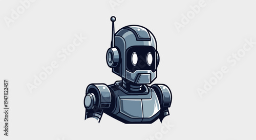 A pixelated robot bust with an antenna and glowing white eyes