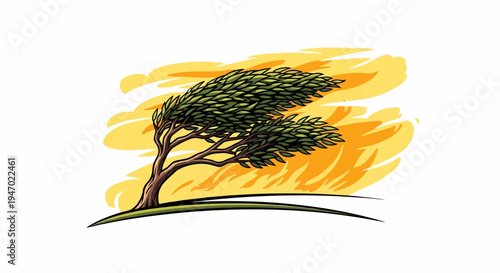 A lone tree bends under a strong, gusty wind with a vibrant, abstract orange and yellow sky