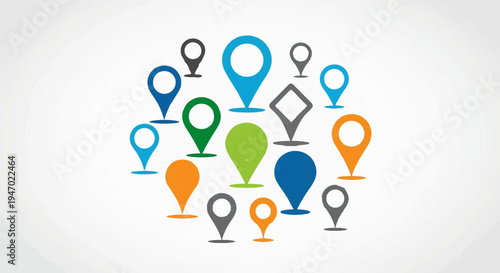 A diverse cluster of colorful map pins scattered across a light gray gradient background