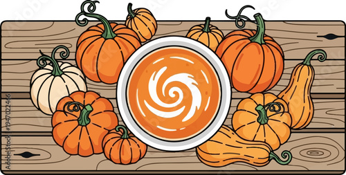 A variety of pumpkins and squash surround a bowl of orange soup