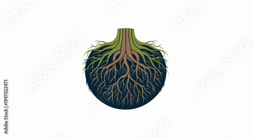 Abstract circular design depicting intricate tree roots spreading outwards from a central trunk