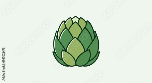 A stylized green artichoke with layered leaves on a pale green background