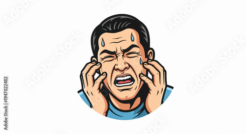 A distressed man with eyes squeezed shut, sweat beading on his forehead, and hands on his face